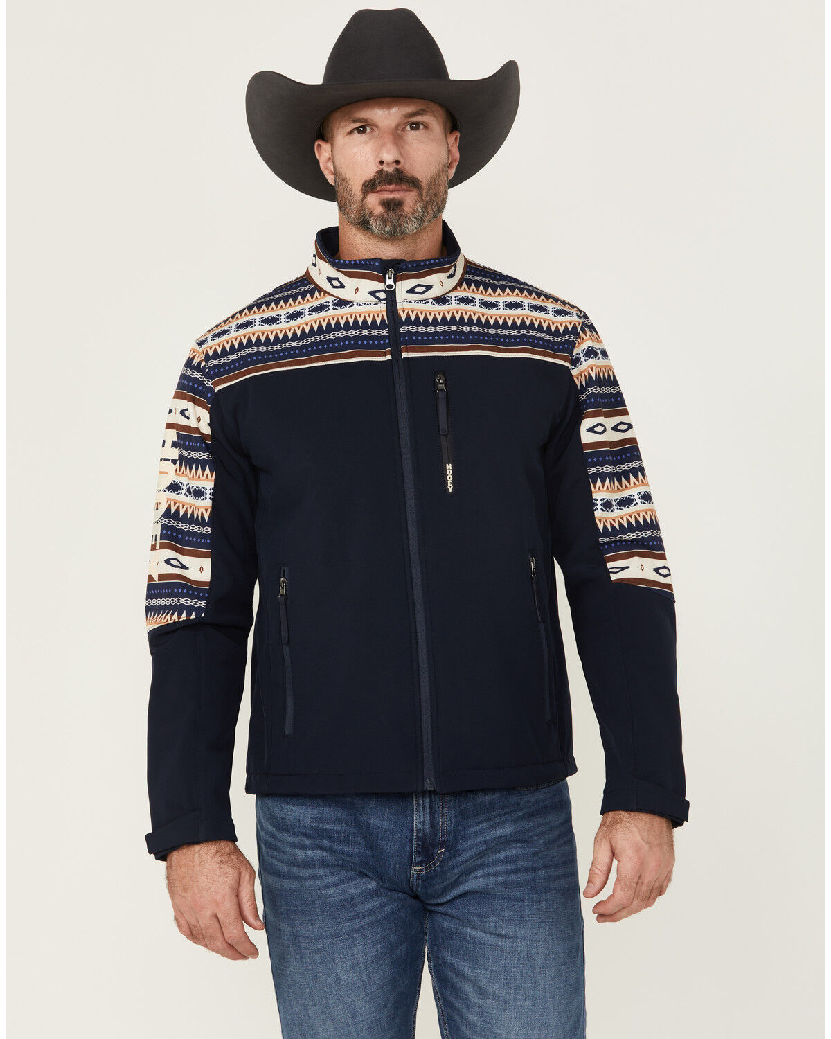 Image #1 - Hooey Men's Southwestern Print Color Block Softshell Jacket, Navy, hi-res