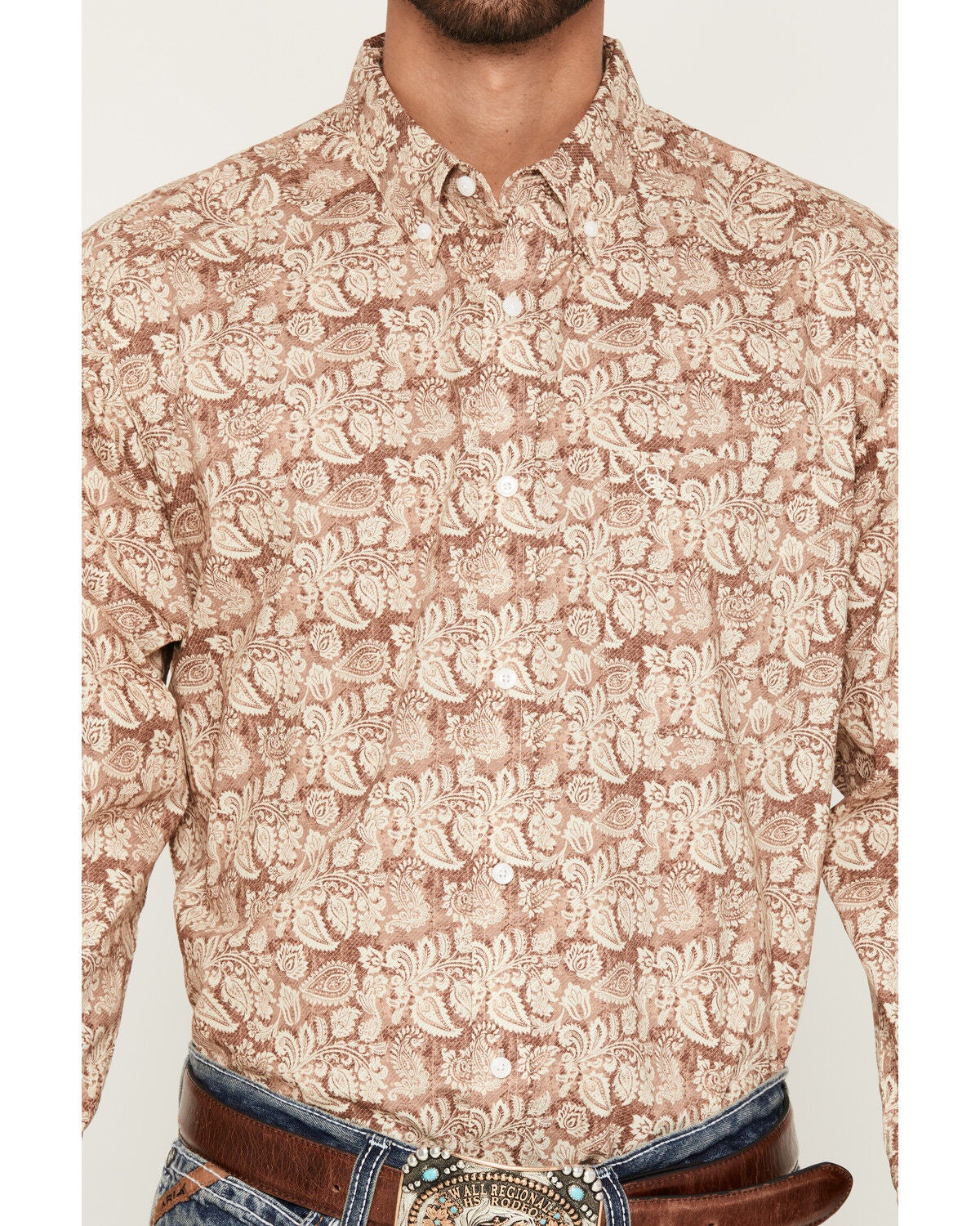 Image #3 - Ariat Men's Boot Barn Exclusive Fynn Paisley Print Long Sleeve Button-Down Western Shirt, Cognac, hi-res