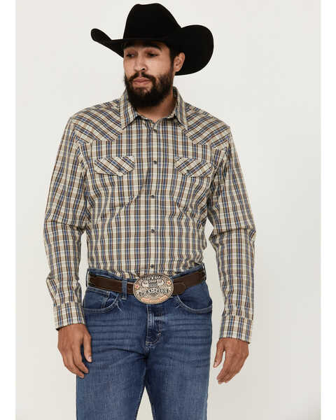 Image #1 - Blue Ranchwear Men's Pradera Plaid Print Long Sleeve Pearl Snap Western Shirt , Indigo, hi-res