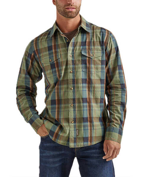 Wrangler Retro Men's Premium Plaid Print Long Sleeve Button-Down Western Shirt, Olive, hi-res