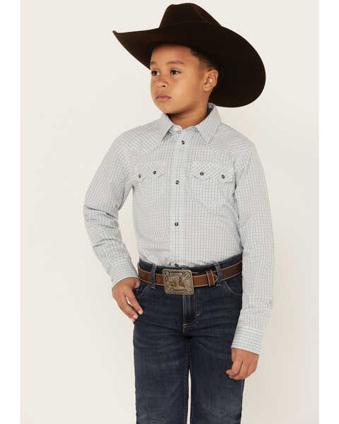 Image #1 - Cody James Boys' Hoof Grid Print Long Sleeve Snap Western Shirt, Sage, hi-res