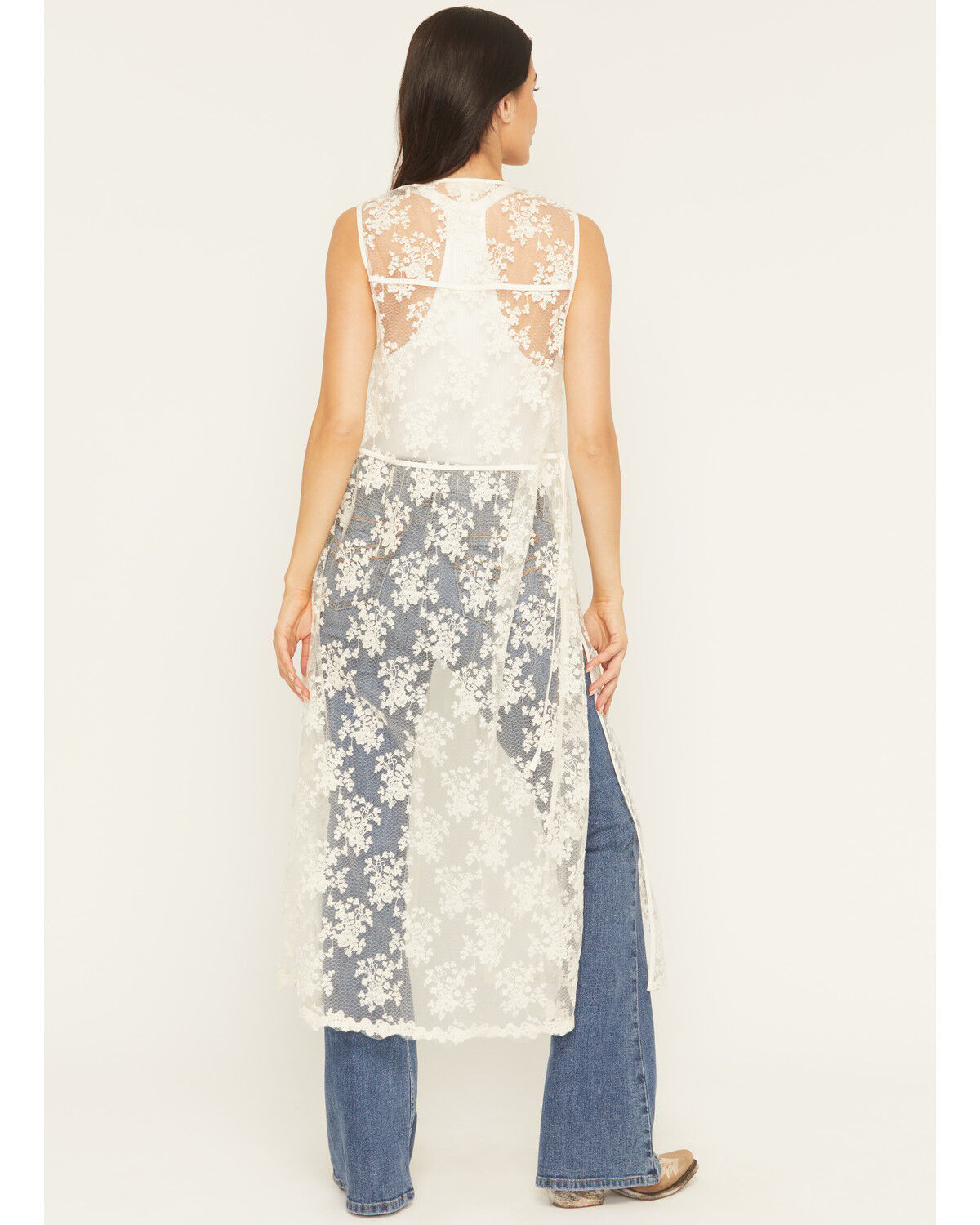 Image #4 - Listicle Women's Sleeveless Floral Lace Tie Front Kimono, Ivory, hi-res