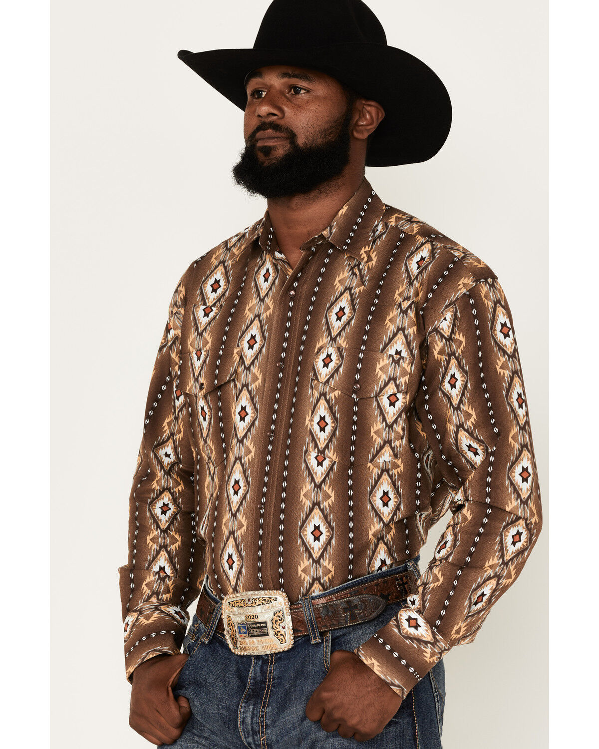 Image #2 - Wrangler Men's Checotah Southwestern Striped Long Sleeve Pearl Snap Western Shirt, , hi-res