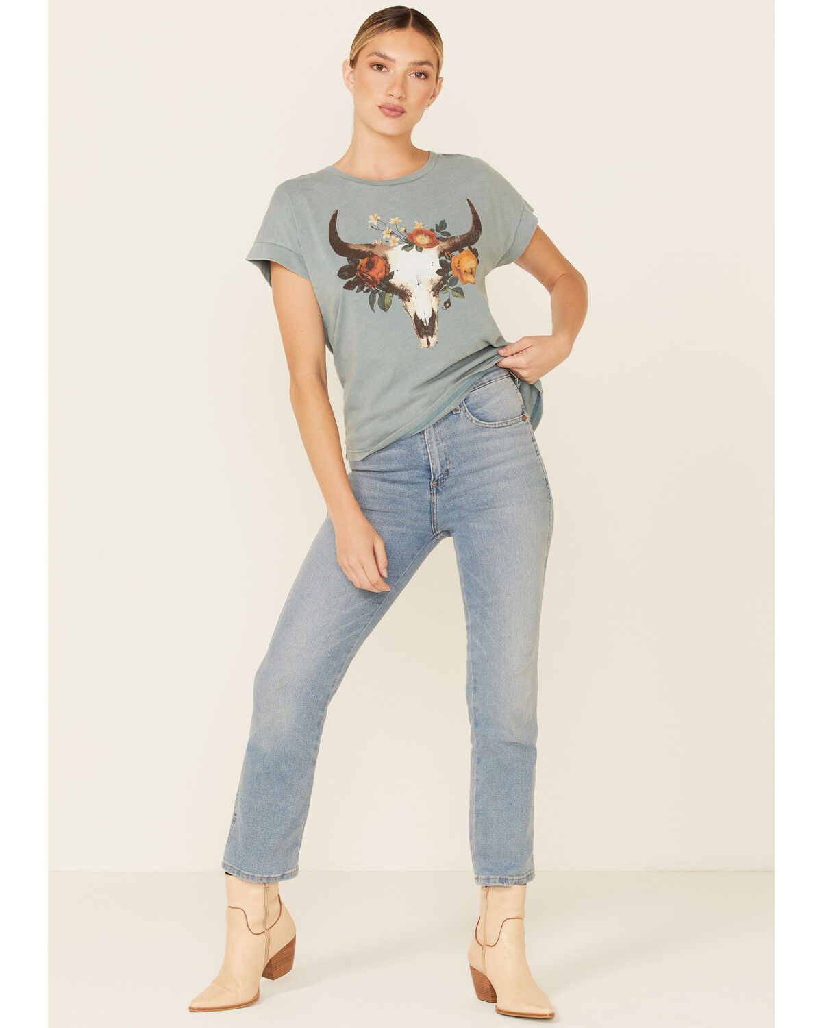 Image #2 - White Crow Women's Teal Floral Longhorn Skull Graphic Short Sleeve Tee, Teal, hi-res