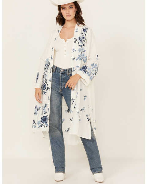 Image #1 - Johnny Was Women's Floral Embroidered Long Sleeve Kimono , White, hi-res