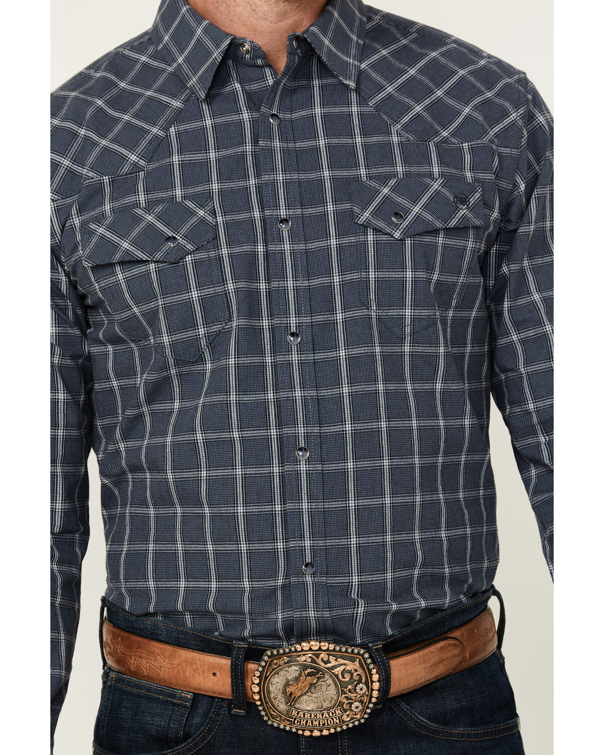 Image #3 - Blue Ranchwear Men's Elk Plaid Print Long Sleeve Snap Western Shirt, Indigo, hi-res