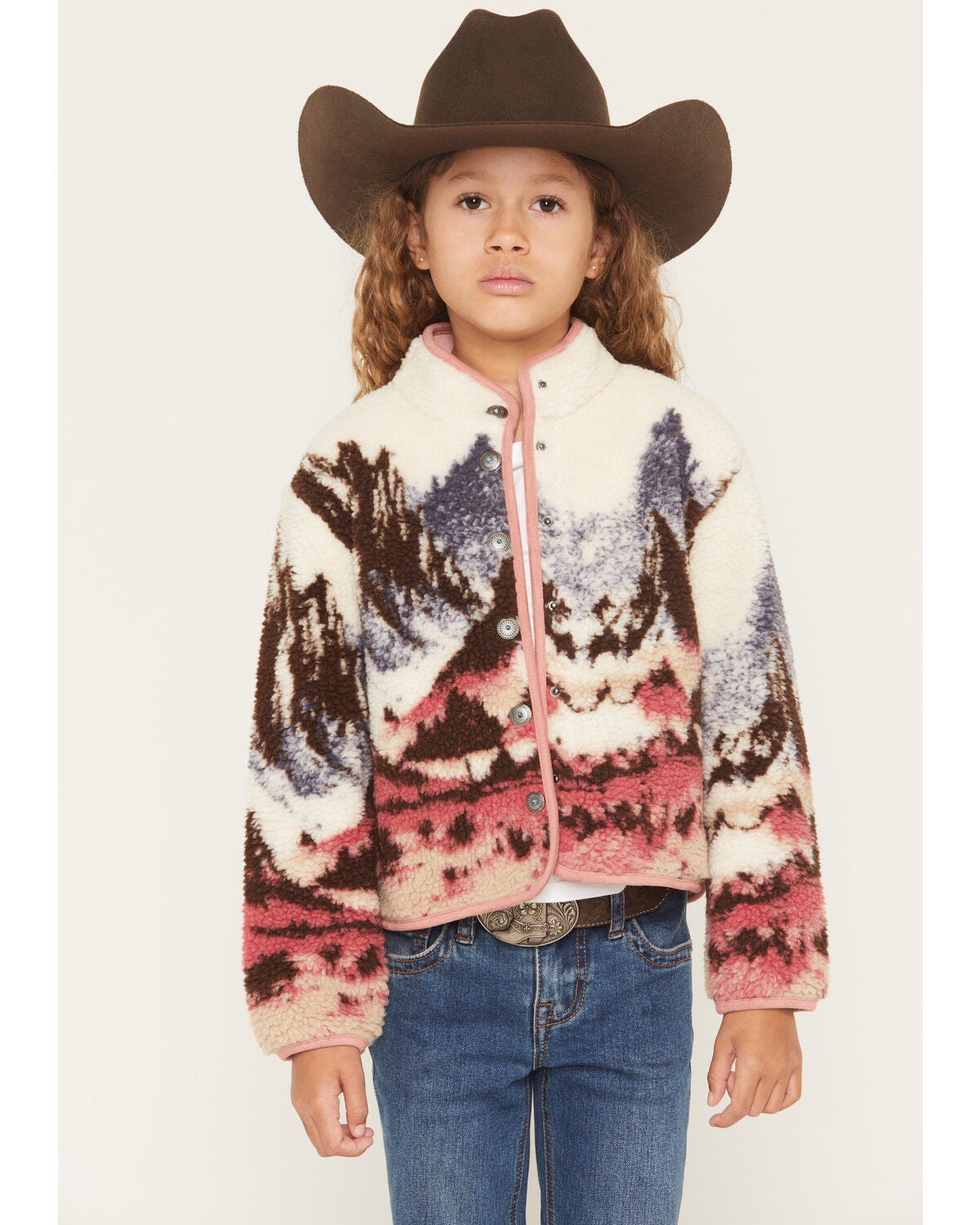 Shyanne Girls' Teton Snap Front Printed Sherpa Jacket, Cream, hi-res