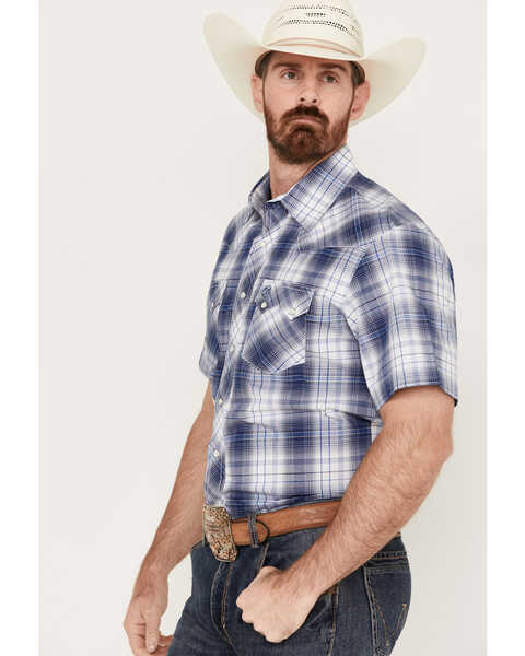 Image #2 - Wrangler Men's Plaid Print Short Sleeve Snap Western Shirt, Blue, hi-res