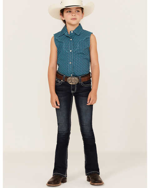 Image #3 - Rock & Roll Denim Girls' Horseshoe Print Sleeveless Pearl Snap Western Shirt, Turquoise, hi-res