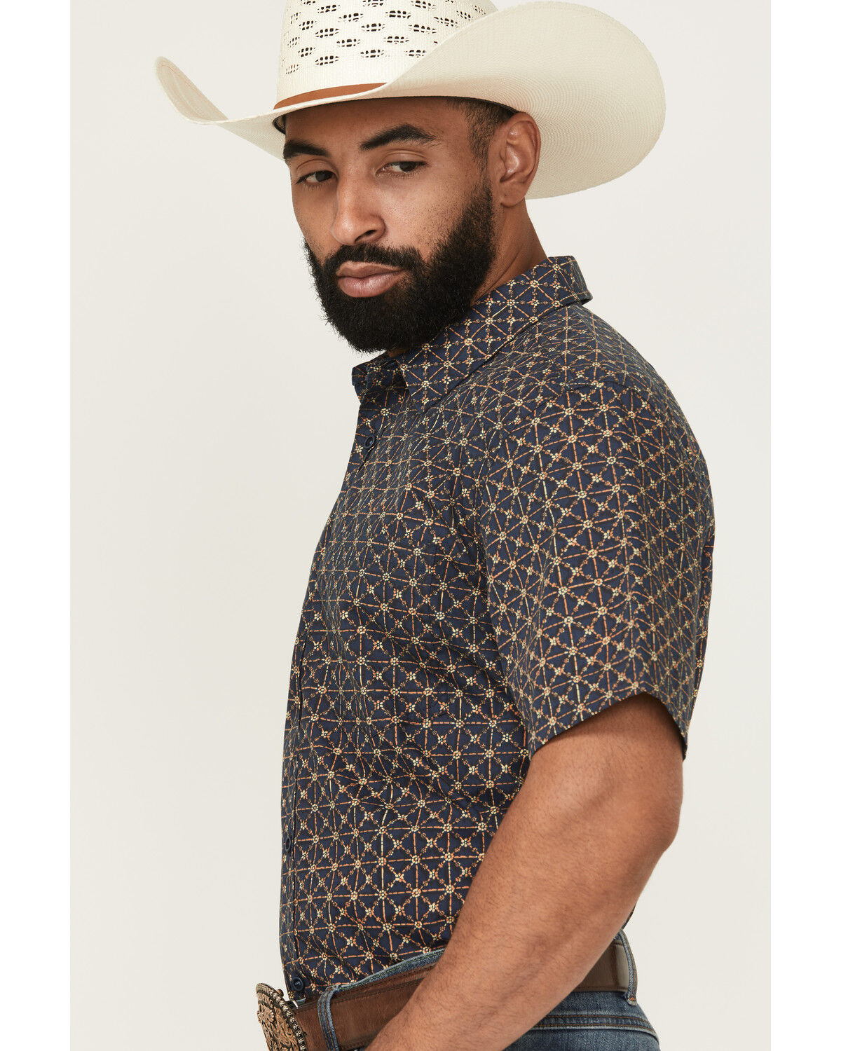 Image #2 - Gibson Trading Co Men's Aviara Geo Print Short Sleeve Button-Down Stretch Western Shirt, Navy, hi-res