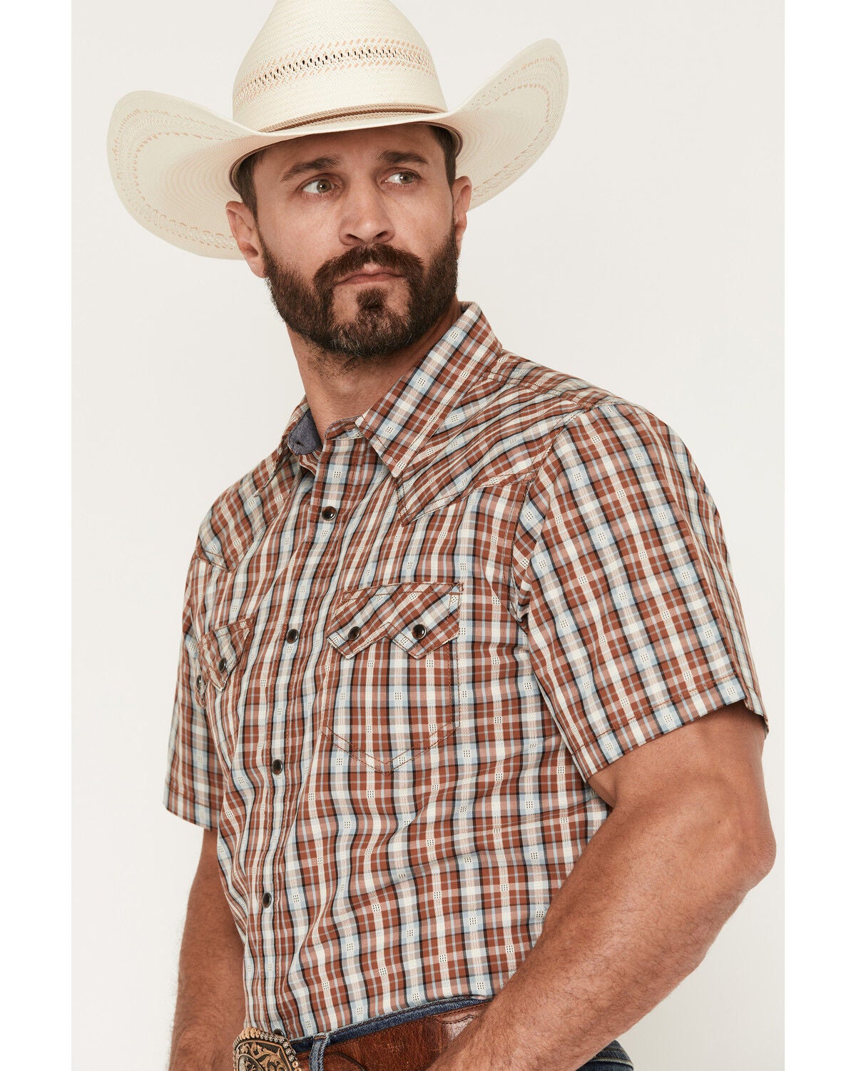 Image #2 - Cody James Men's Elmer Plaid Print Short Sleeve Snap Western Shirt, Brown, hi-res