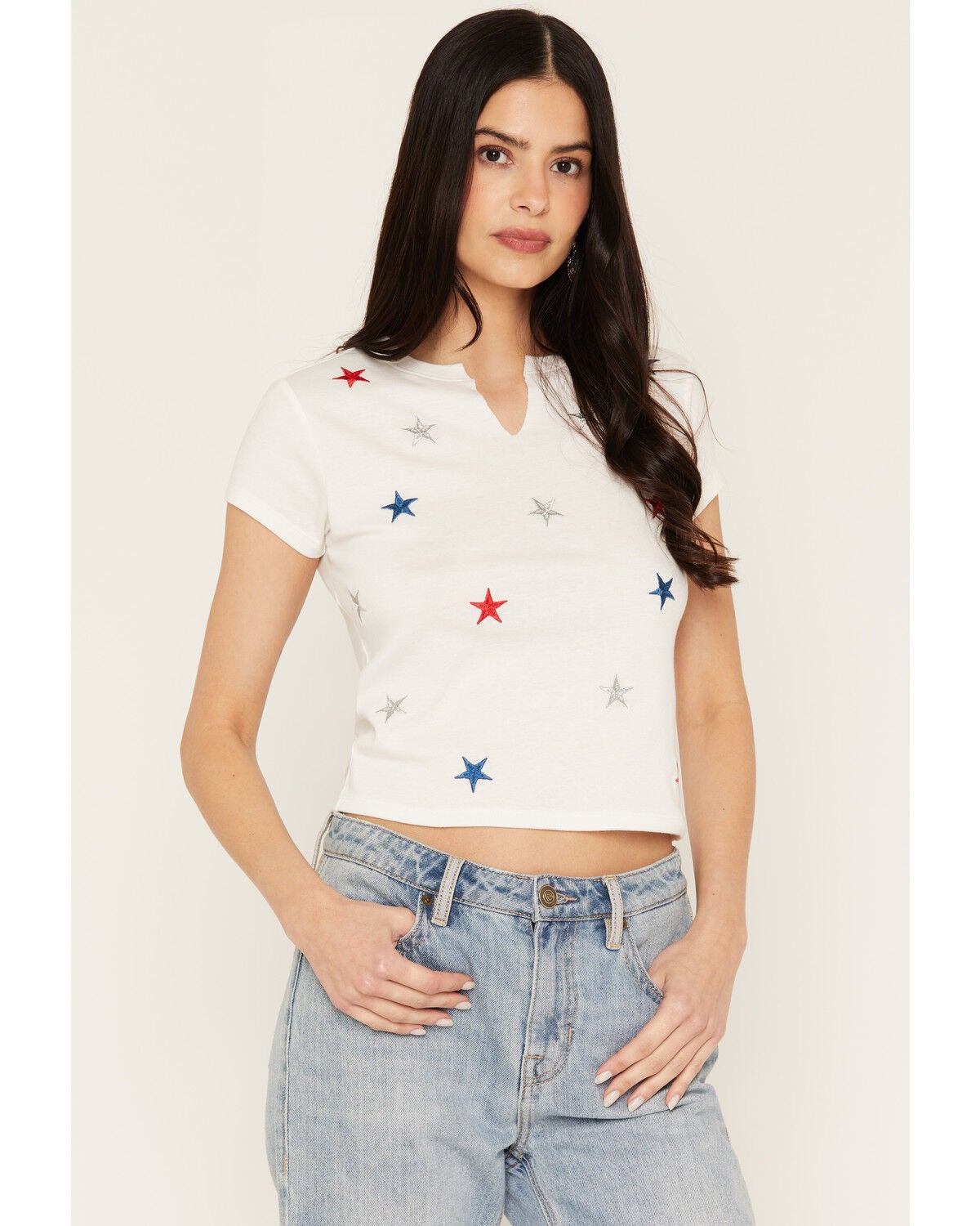 Blended Women's Americana Star Embroidered Short Sleeve Baby Tee, White, hi-res
