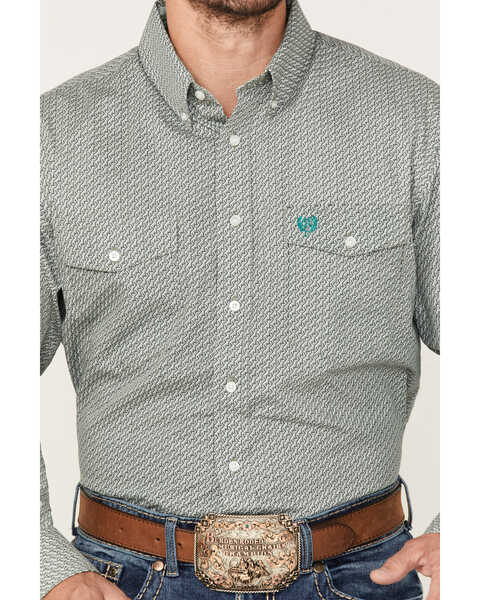 Image #3 - Panhandle Select Men's Geo Print Long Sleeve Button Down Shirt, Green, hi-res