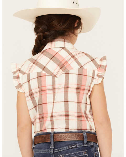 Image #4 - Shyanne Girls' Plaid Print Ruffle Sleeve Western Pearl Snap Shirt, Cream, hi-res