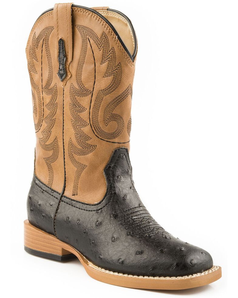 Roper Boys' Faux Ostrich Print Cowboy Boots, Black, hi-res