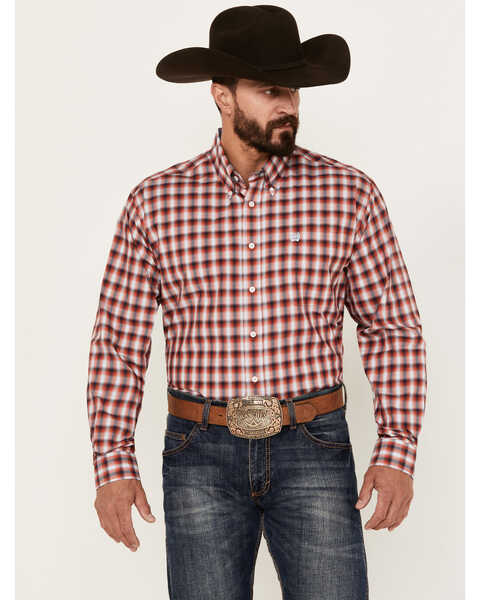 Cinch Men's Plaid Print Long Sleeve Button-Down Western Shirt, Red, hi-res