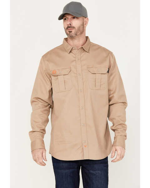 Hawx Men's FR Solid Long Sleeve Button-Down Woven Shirt, Beige/khaki, hi-res