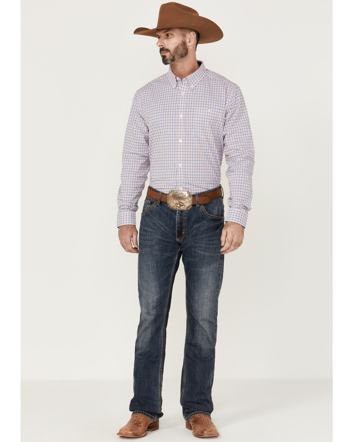 Image #2 - RANK 45® Men's Bronc Small Plaid Print Long Sleeve Button-Down Western Shirt, Red/white/blue, hi-res