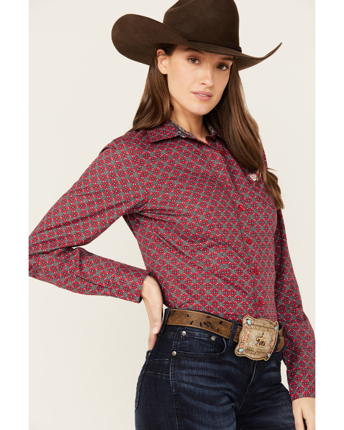 Image #2 - Cinch Women's Medallion Print Long Sleeve Button-Down Western Core Shirt, Red, hi-res