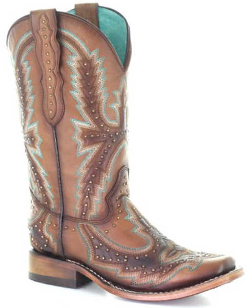 Corral Women's Tan Embroidery & Studs Western Boots - Square Toe, Tan, hi-res