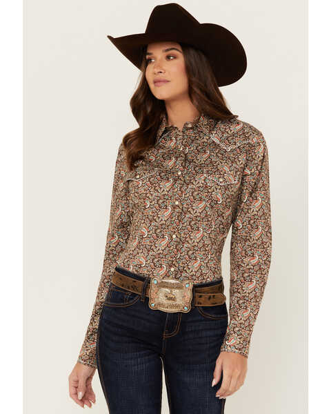Rough Stock by Panhandle Women's Floral Print Long Sleeve Snap Stretch Western Shirt , Brown, hi-res