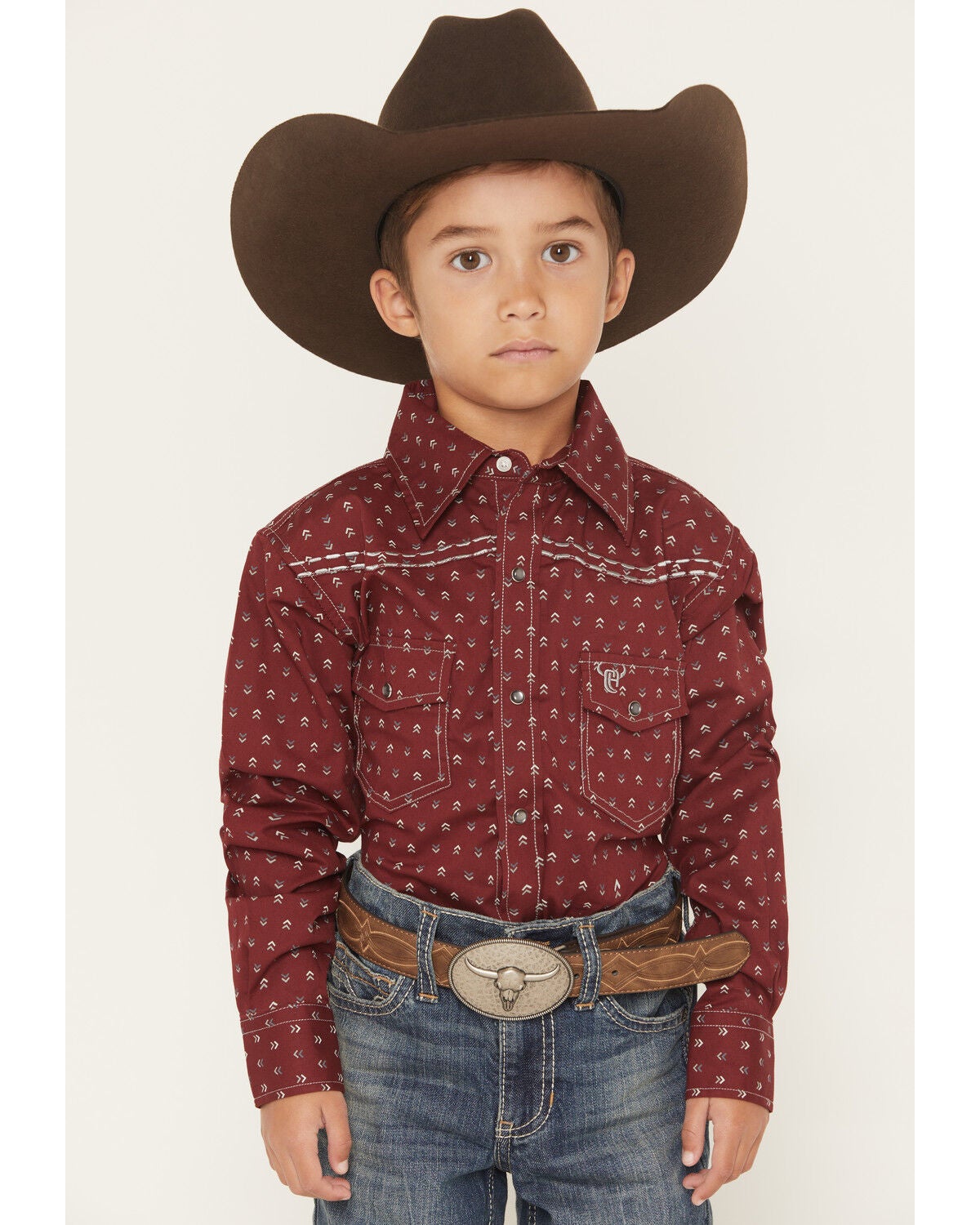Image #1 - Cowboy Hardware Boys' Geo Print Long Sleeve Pearl Snap Stretch Western Shirt, Burgundy, hi-res