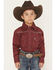 Image #1 - Cowboy Hardware Boys' Geo Print Long Sleeve Pearl Snap Stretch Western Shirt, Burgundy, hi-res