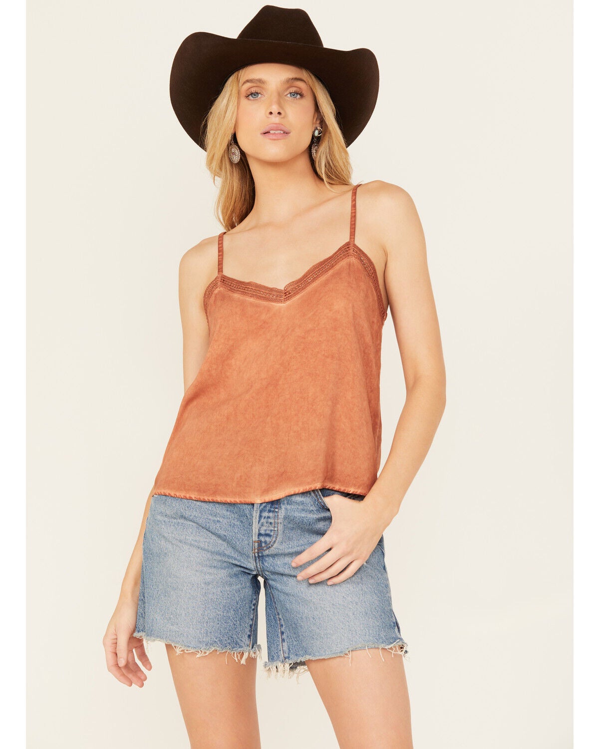 Wild Moss Women's Lace Trim Cami, Rust Copper, hi-res