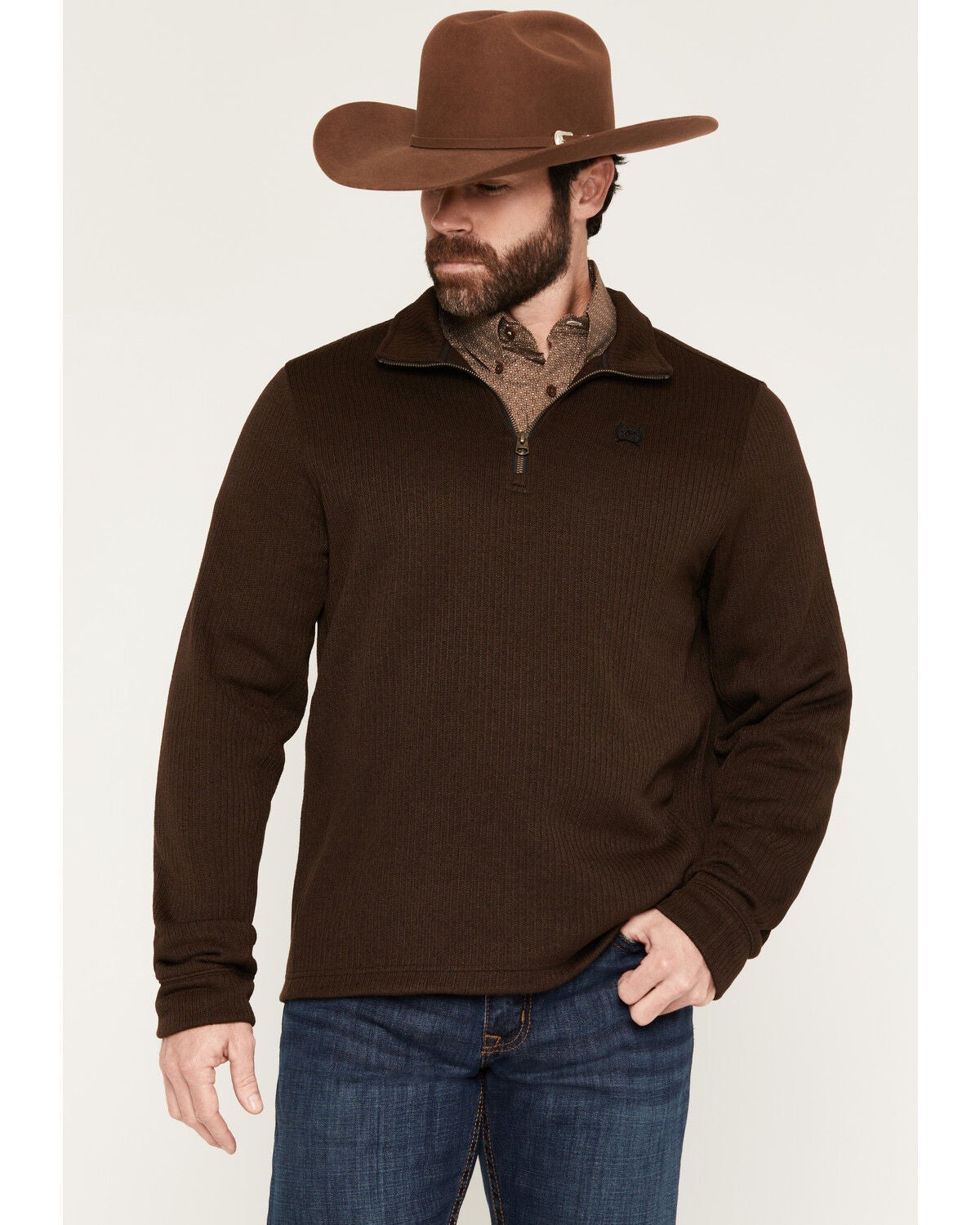 Image #1 - Cinch Men's Solid 1/4 Zip-Up Pullover, Brown, hi-res