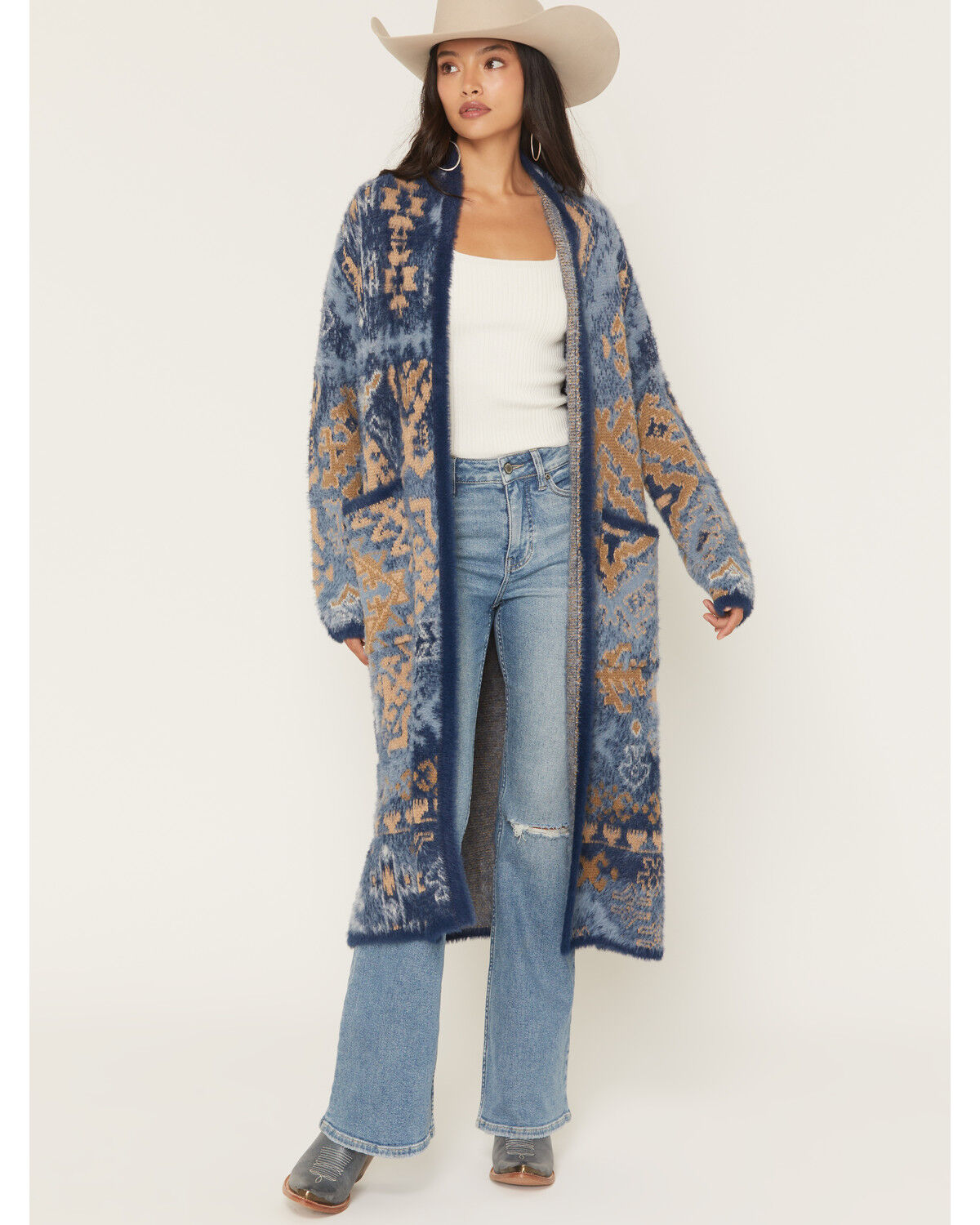 Image #1 - Shyanne Women's Southwestern Print Eyelash Yarn Duster, Navy, hi-res