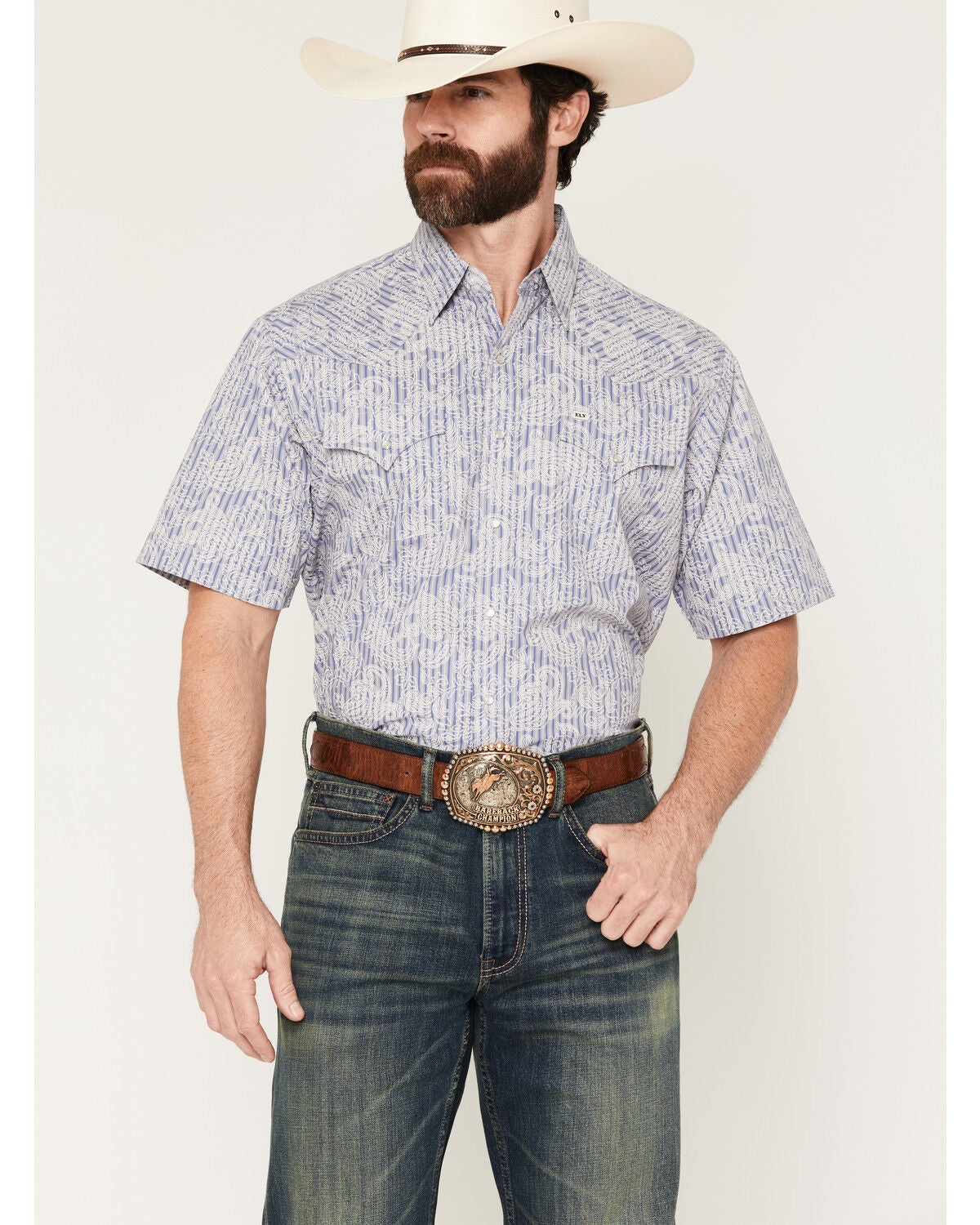 Ely Walker Men's Paisley Print Short Sleeve Snap Western Shirt, Blue, hi-res