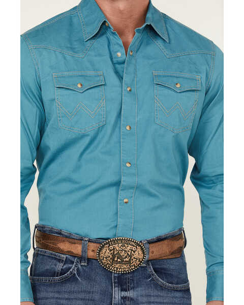 Image #3 - Wrangler Retro Men's Premium Solid Long Sleeve Snap Western Shirt, Teal, hi-res