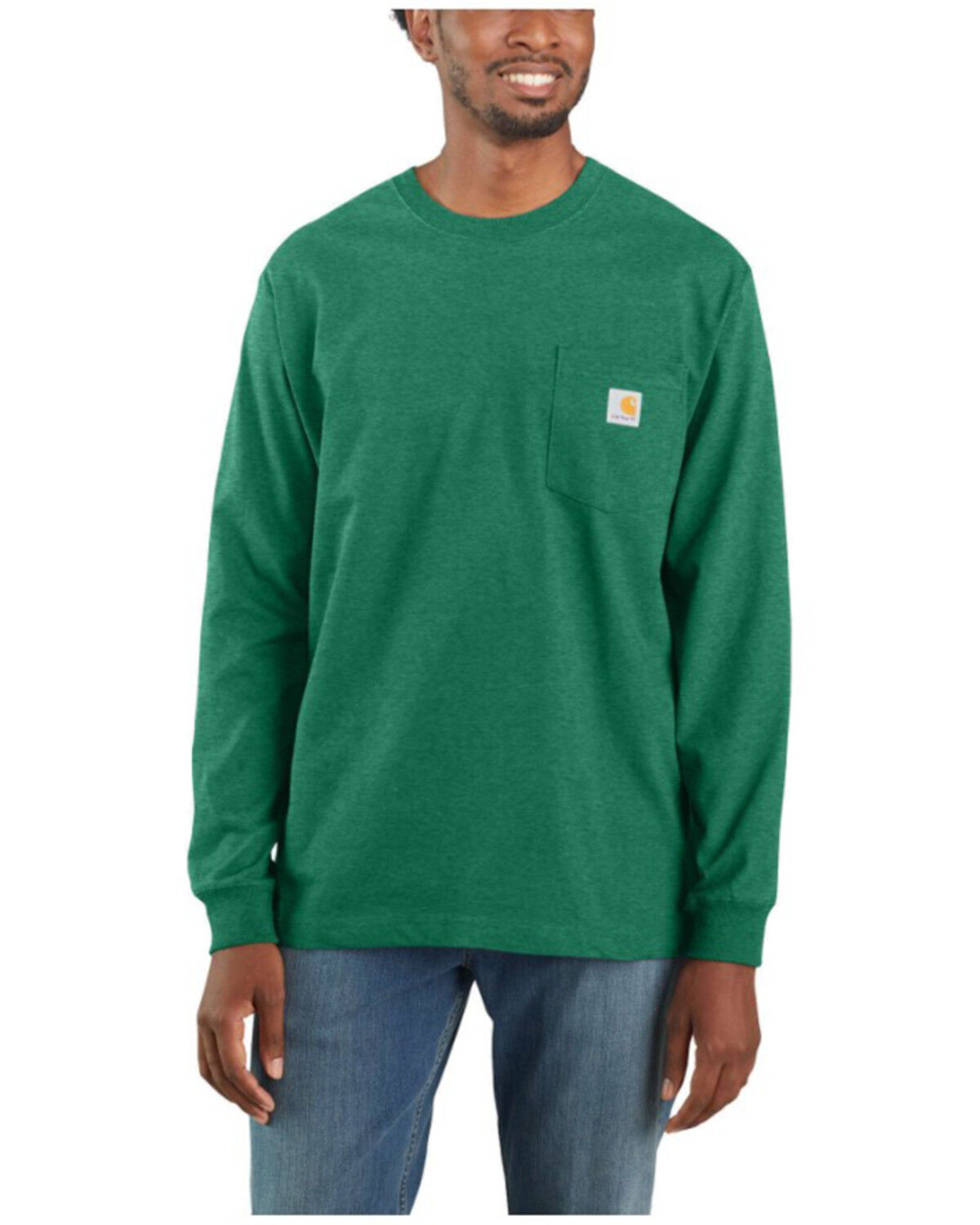 Image #1 - Carhartt Men's Loose Fit Heavyweight Long Sleeve Logo Pocket Work T-Shirt - Tall, Green, hi-res