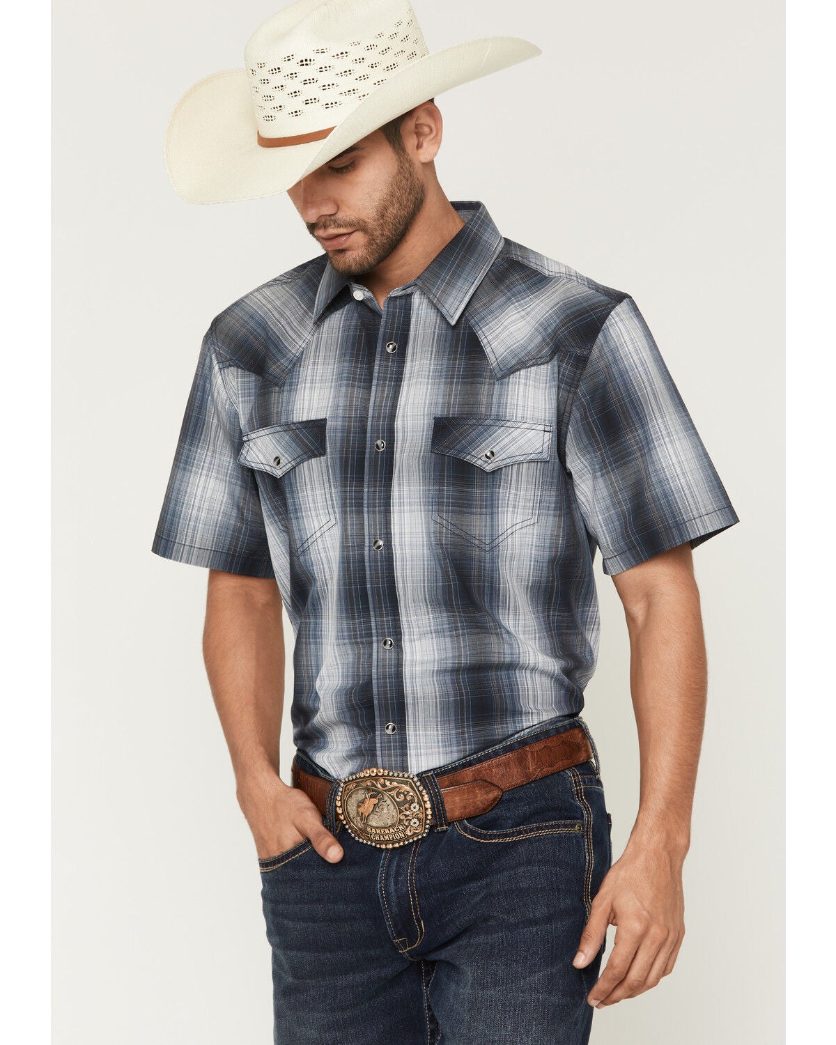 Cody James Men's Weed Wacker Plaid Print Short Sleeve Snap Western Shirt, Blue, hi-res