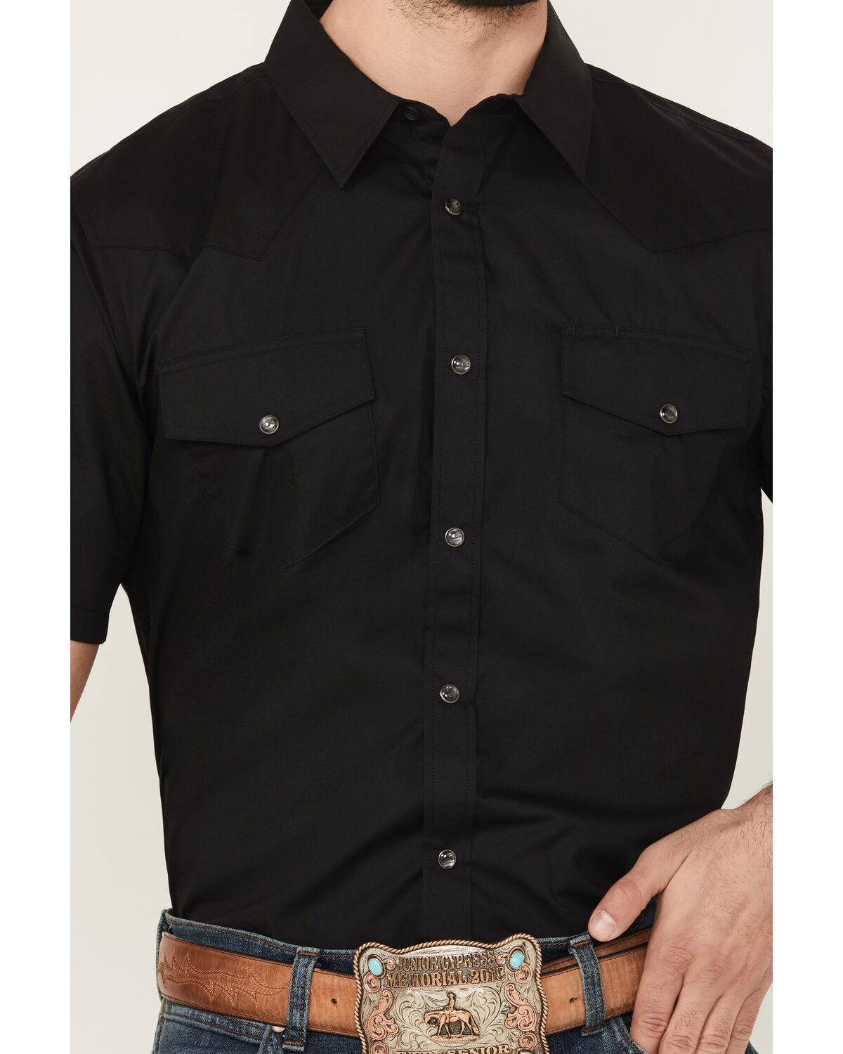 Image #3 - Gibson Men's Solid Pearl Snap Short Sleeve Western Shirt, Black, hi-res