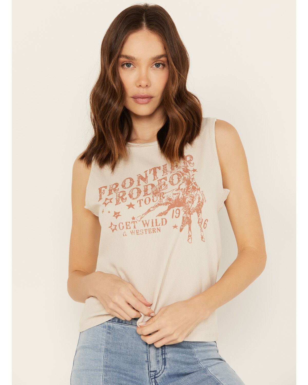 Image #1 - Panhandle Women's Rib Knit Graphic Sleeveless Tank, Cream, hi-res