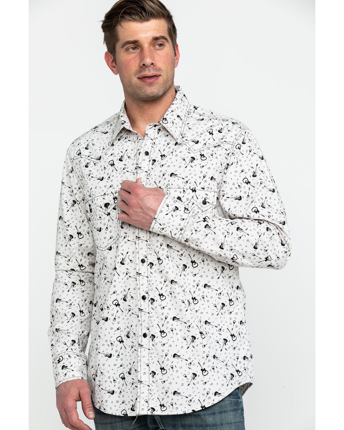 Image #1 - Rock & Roll Denim Men's Washed Guitar Print Long Sleeve Western Shirt, Black, hi-res