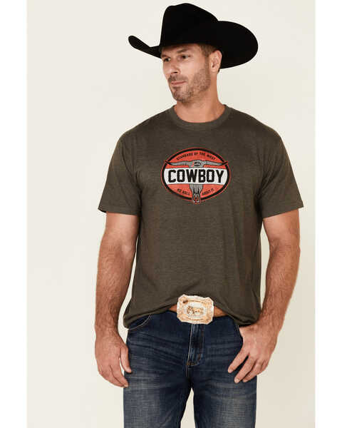 Justin Men's Heather Charcoal Cowboy Bull Skull Graphic Short Sleeve T-Shirt  , Charcoal, hi-res