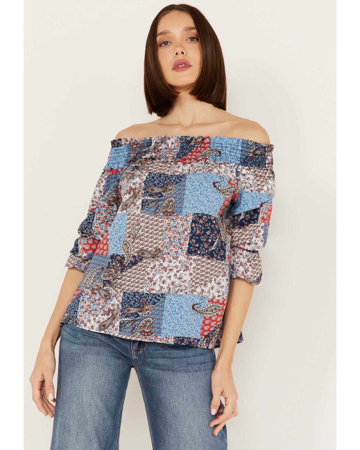 Wild Moss Women's Patchwork Print Off The Shoulder Top, Multi, hi-res