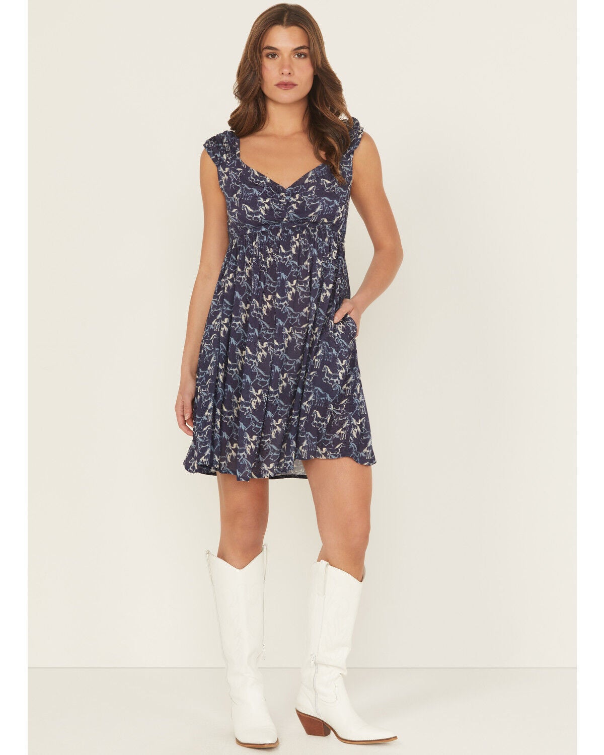 Rock & Roll Denim Women's Running Horses Sleeveless Mini Dress, Navy, hi-res