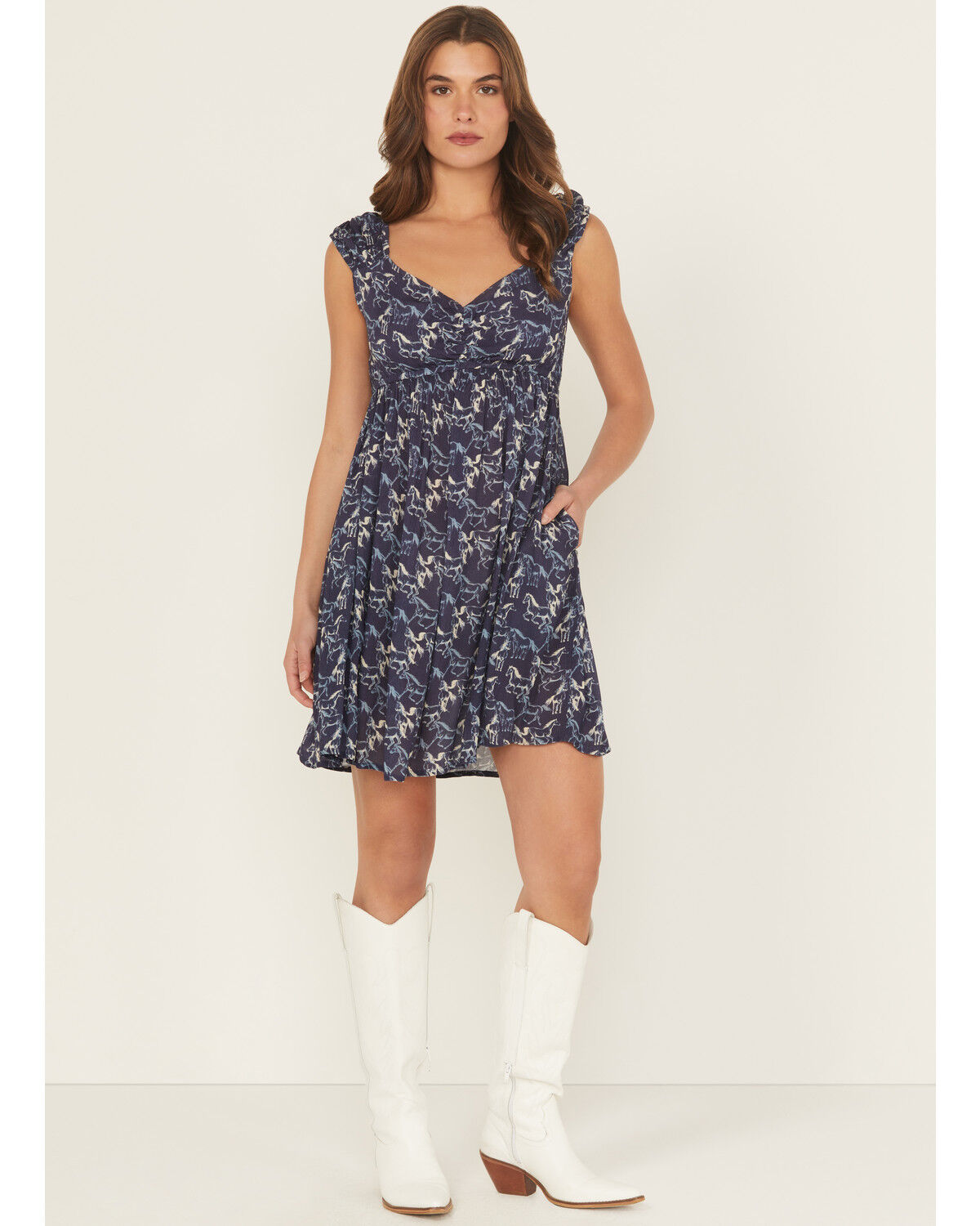 Image #1 - Rock & Roll Denim Women's Running Horses Sleeveless Mini Dress, Navy, hi-res