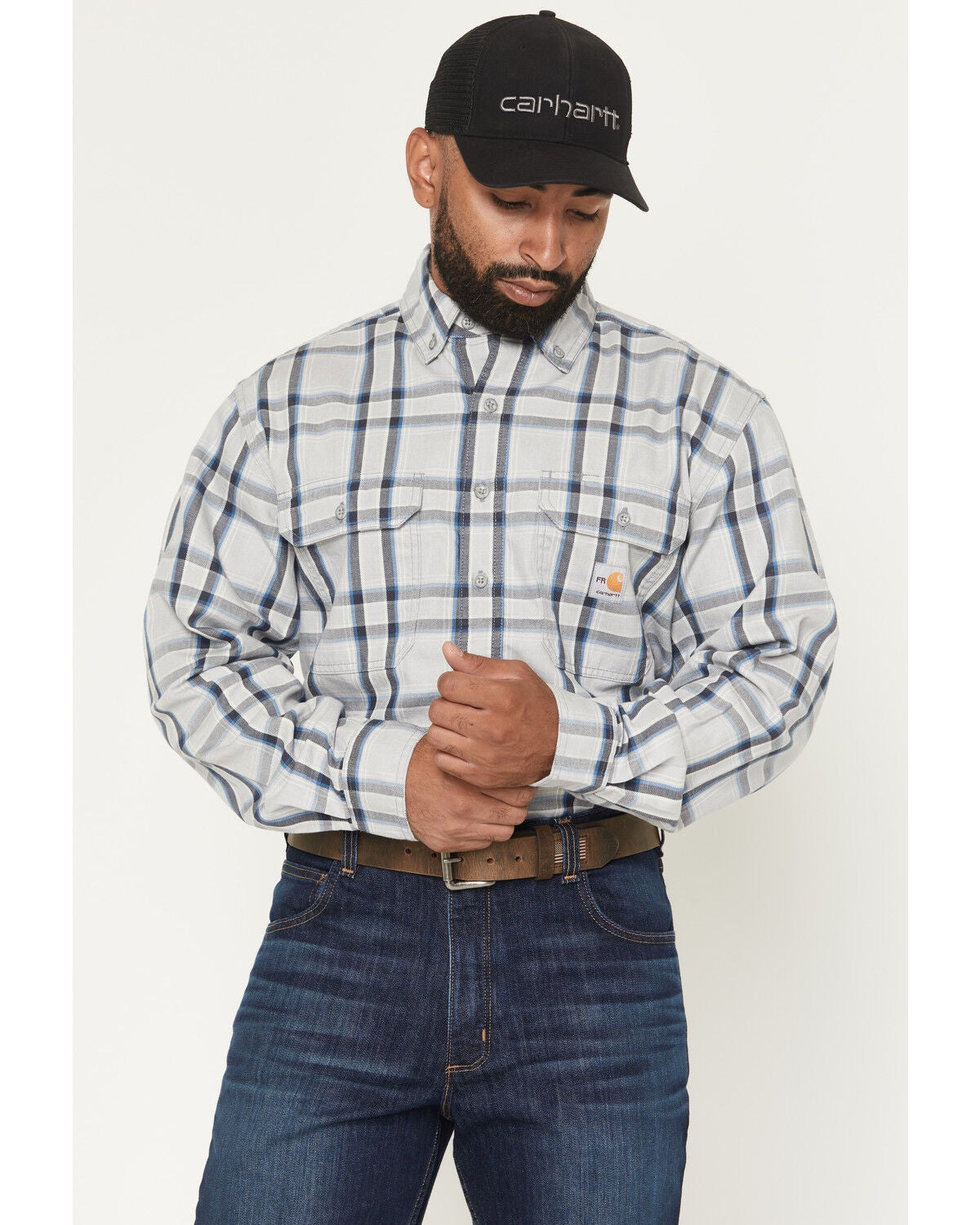Carhartt Men's FR Plaid Print Long Sleeve Button-Down Work Shirt, Grey, hi-res
