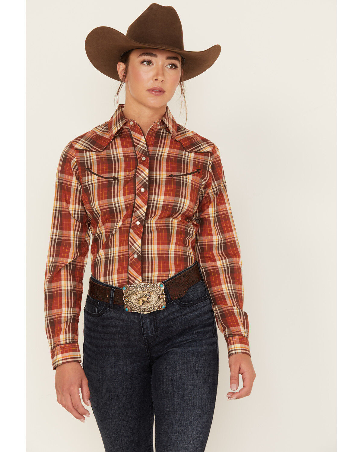 Image #1 - Roper Women's Plaid Print Long Sleeve Pearl Snap Western Shirt, Rust Copper, hi-res