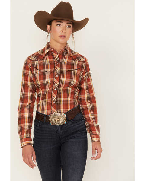 Image #1 - Roper Women's Plaid Print Long Sleeve Pearl Snap Western Shirt, Rust Copper, hi-res