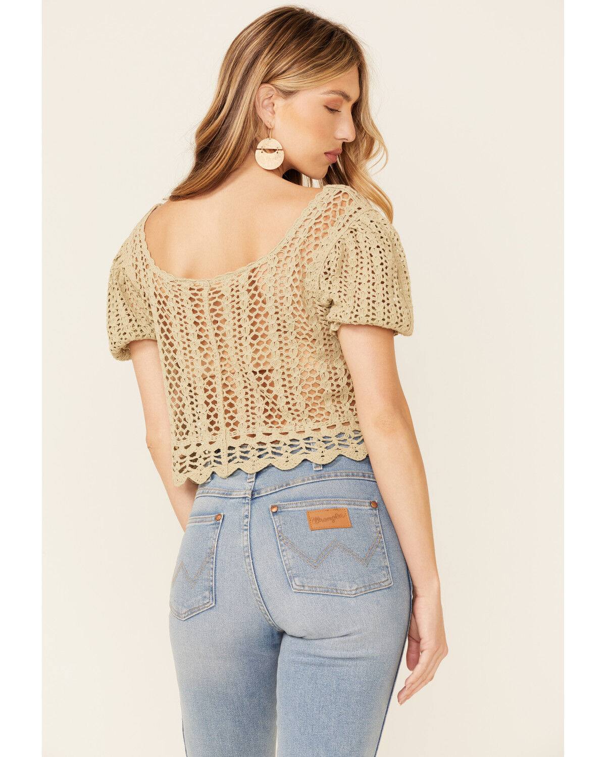 Image #4 - Very J Women's Open Weave Scallop Hem Short Sleeve Button-Down Crop Top, Olive, hi-res