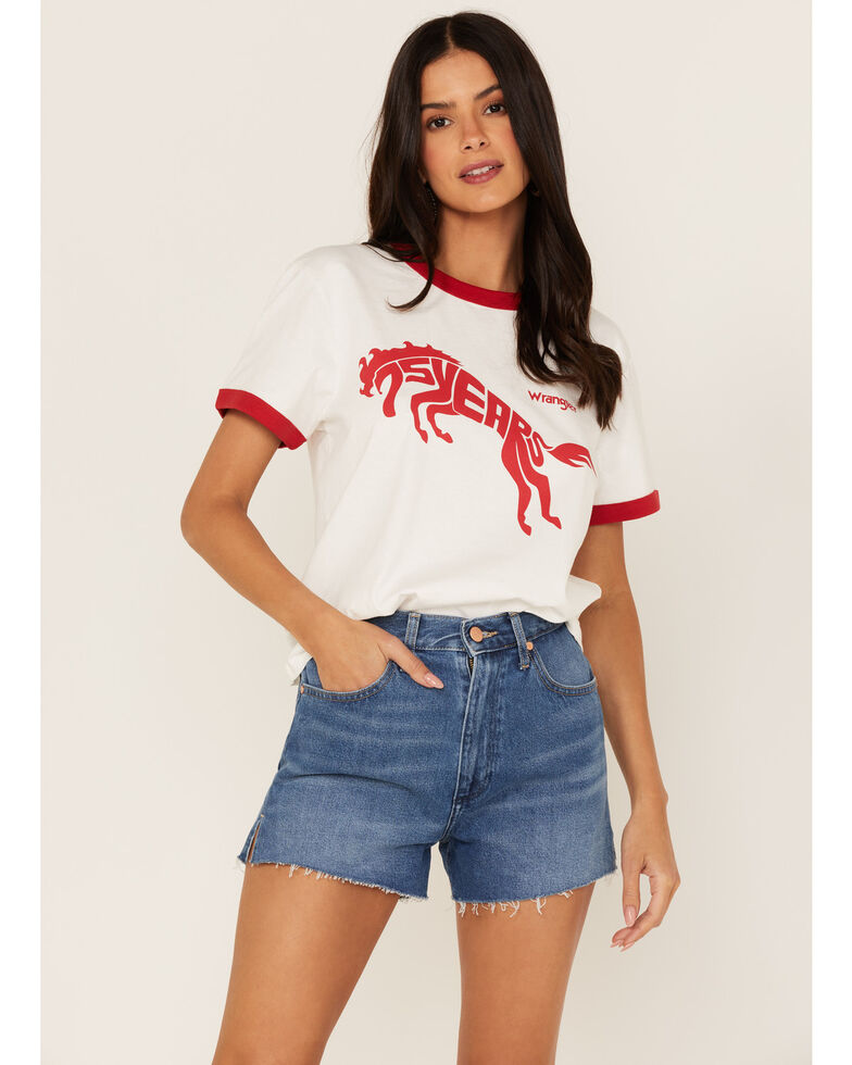 Wrangler Women's 75th Anniversary Graphic Ringer Tee, White, hi-res