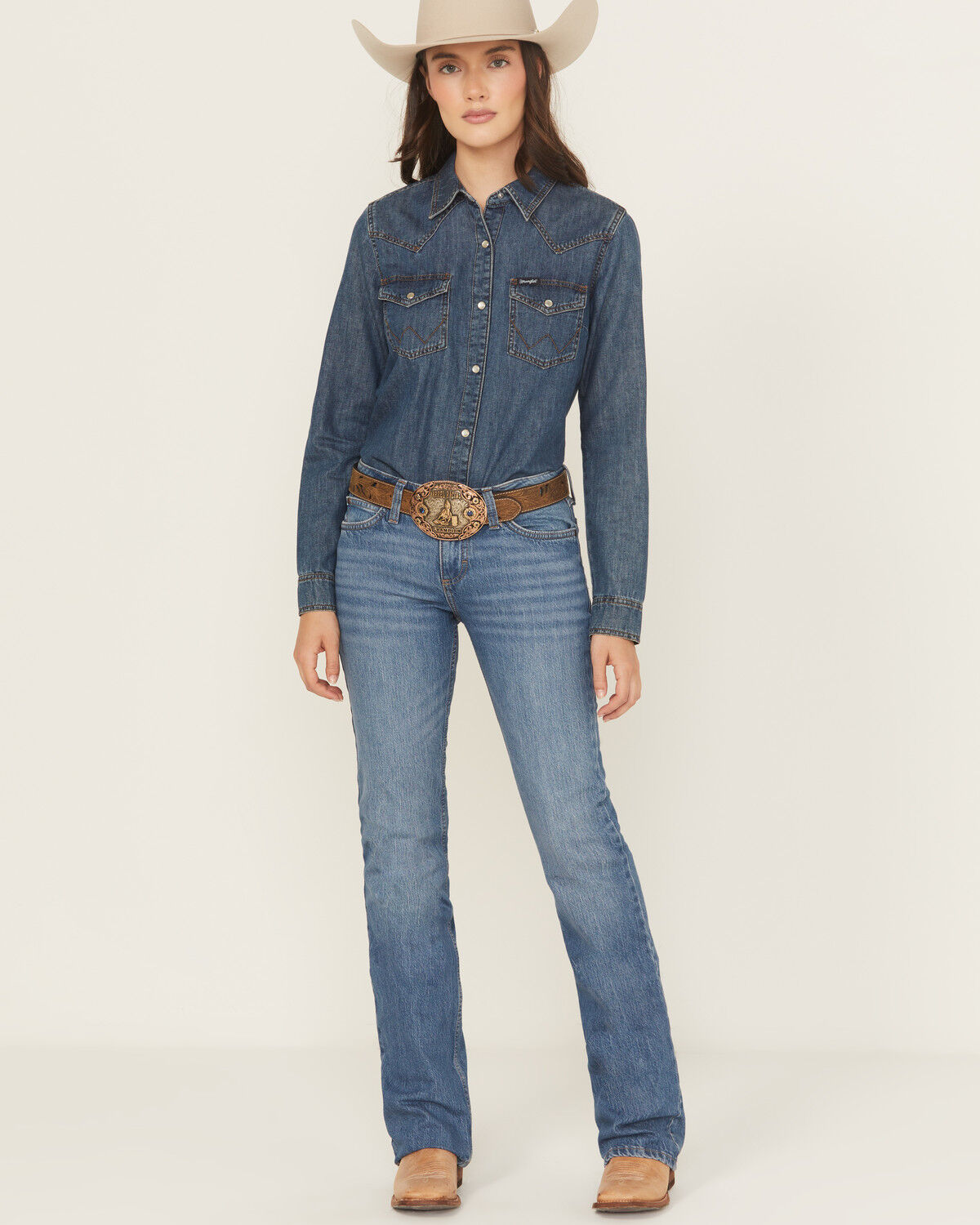 Image #1 - Wrangler Retro Women's Khloe Dark Wash Mid Rise Mae Bootcut Stretch Denim Jeans, Dark Wash, hi-res
