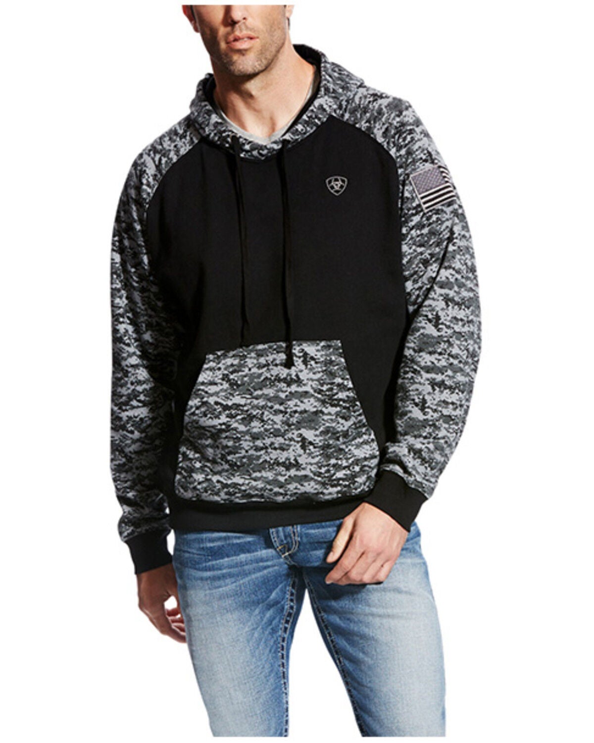 Image #1 - Ariat Men's Patriot Camo Print Hooded Sweatshirt - Tall, Black, hi-res