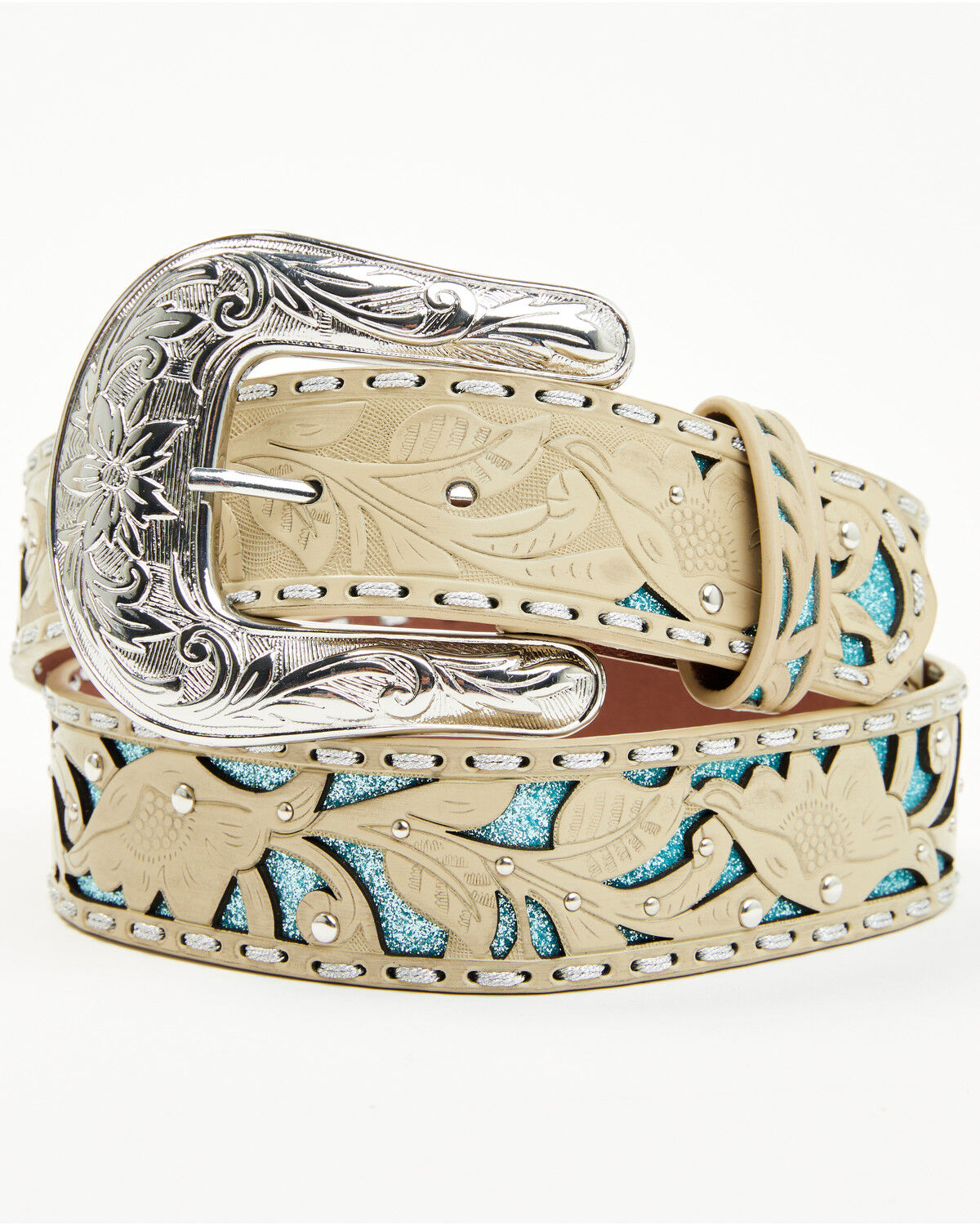 Image #2 - Shyanne Women's Glitter Underlay Tooled Belt, Tan, hi-res