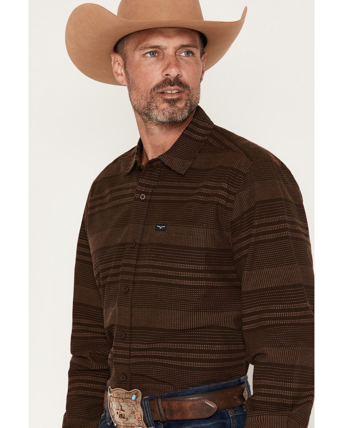 Image #2 - Kimes Ranch Men's Dash Striped Print Long Sleeve Button-Down Western Shirt, Brown, hi-res